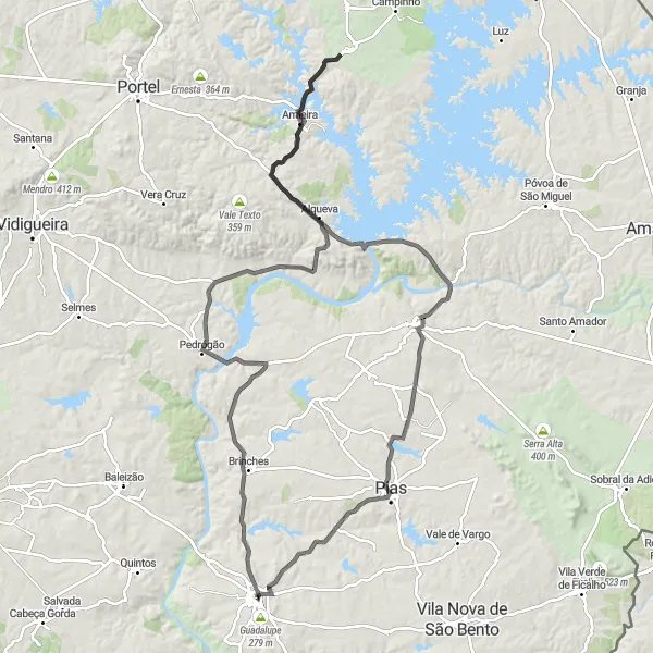 Miniatura do mapa de inspiração para ciclismo "Desafio da Barragem de Moura" em Alentejo, Portugal. Gerado pelo planejador de rotas de ciclismo Tarmacs.app