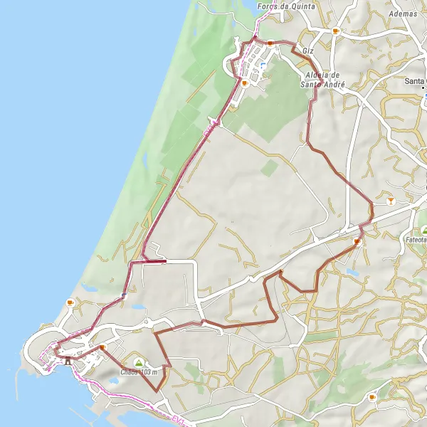 Miniatura do mapa de inspiração para ciclismo "Rota de Gravel Vila Nova de Santo André" em Alentejo, Portugal. Gerado pelo planejador de rotas de ciclismo Tarmacs.app