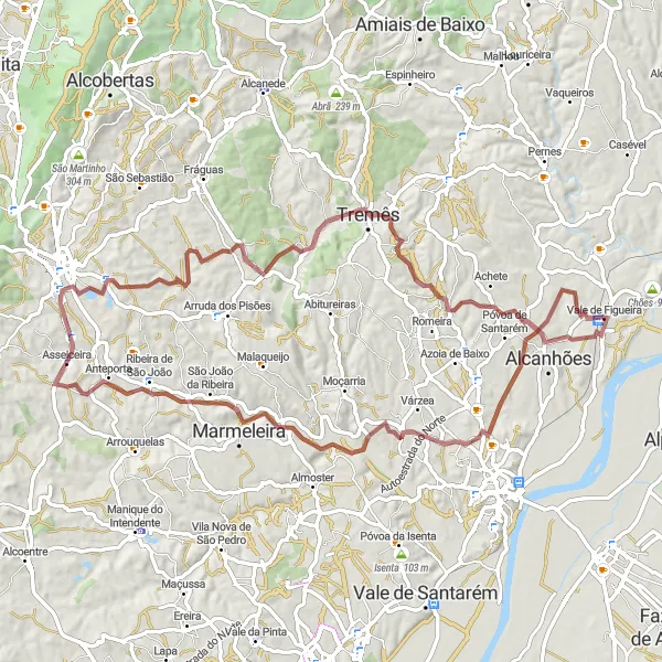Miniatura do mapa de inspiração para ciclismo "Caminho de Gravel: Circuito de Vale de Figueira - Alcanhões" em Alentejo, Portugal. Gerado pelo planejador de rotas de ciclismo Tarmacs.app