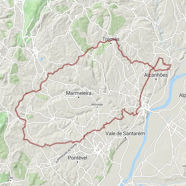 Miniatura do mapa de inspiração para ciclismo "Desafio Gravel Alcoentre" em Alentejo, Portugal. Gerado pelo planejador de rotas de ciclismo Tarmacs.app