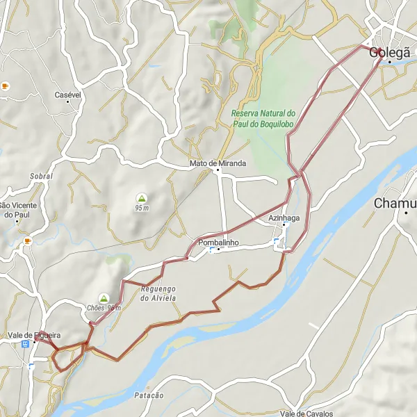 Miniatura do mapa de inspiração para ciclismo "Passeio Gravel Golegã" em Alentejo, Portugal. Gerado pelo planejador de rotas de ciclismo Tarmacs.app