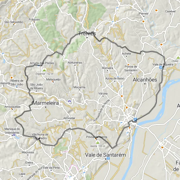 Miniatura do mapa de inspiração para ciclismo "Passeio Road Santarém" em Alentejo, Portugal. Gerado pelo planejador de rotas de ciclismo Tarmacs.app