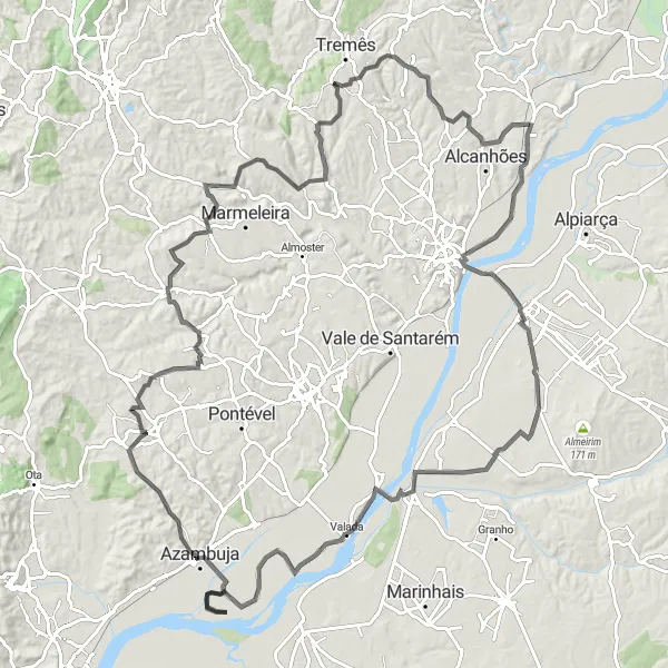Miniatura do mapa de inspiração para ciclismo "Expedição Ciclística: Miradouros e Aldeias de Vale de Figueira - Azambuja" em Alentejo, Portugal. Gerado pelo planejador de rotas de ciclismo Tarmacs.app