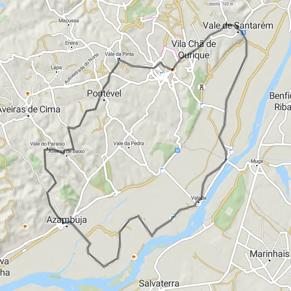 Miniatura do mapa de inspiração para ciclismo "Vale de Santarém Loop" em Alentejo, Portugal. Gerado pelo planejador de rotas de ciclismo Tarmacs.app