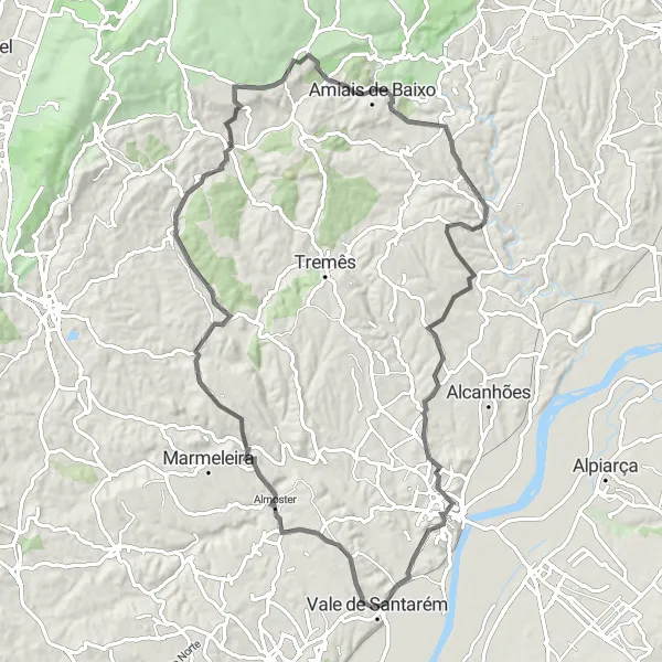 Miniatura do mapa de inspiração para ciclismo "Santarém Valley Circuit" em Alentejo, Portugal. Gerado pelo planejador de rotas de ciclismo Tarmacs.app