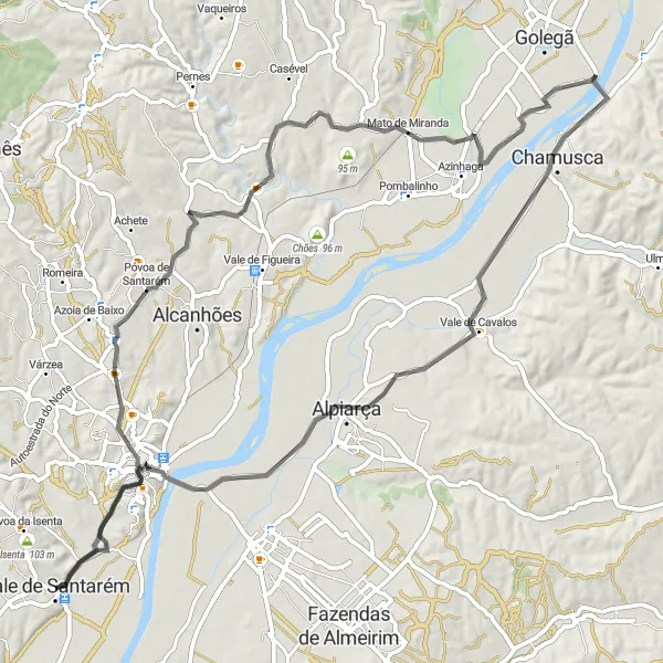 Miniatura do mapa de inspiração para ciclismo "Rota da Chamusca" em Alentejo, Portugal. Gerado pelo planejador de rotas de ciclismo Tarmacs.app