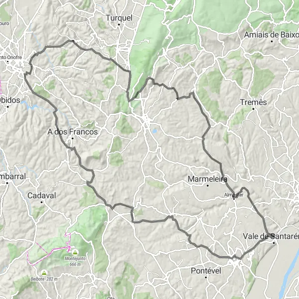 Miniatura do mapa de inspiração para ciclismo "Vila Chã de Ourique Loop" em Alentejo, Portugal. Gerado pelo planejador de rotas de ciclismo Tarmacs.app