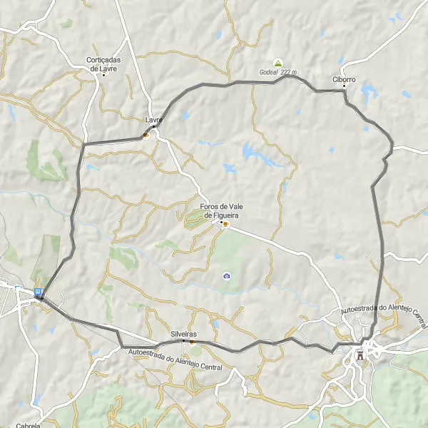 Miniatura do mapa de inspiração para ciclismo "Rota das Colinas" em Alentejo, Portugal. Gerado pelo planejador de rotas de ciclismo Tarmacs.app