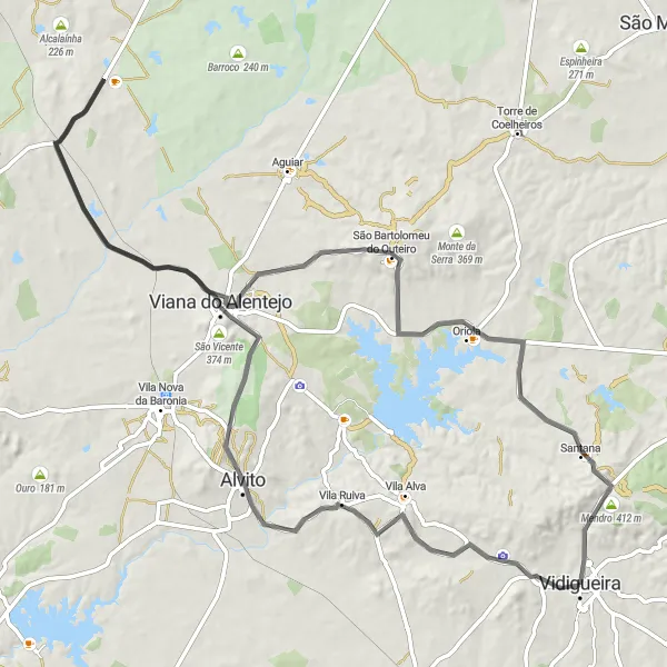 Map miniature of "The Vineyards and Medieval Towns Route" cycling inspiration in Alentejo, Portugal. Generated by Tarmacs.app cycling route planner