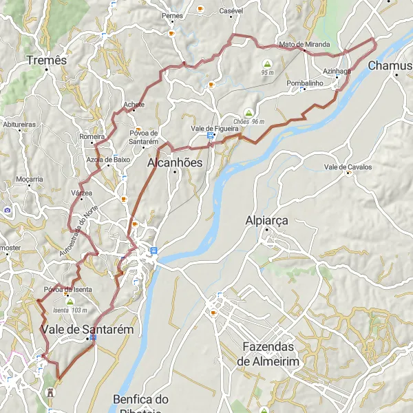 Miniatura do mapa de inspiração para ciclismo "Trilho do Vale de Santarém" em Alentejo, Portugal. Gerado pelo planejador de rotas de ciclismo Tarmacs.app