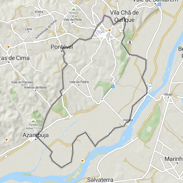 Miniatura do mapa de inspiração para ciclismo "Volta ao Ribatejo Histórico" em Alentejo, Portugal. Gerado pelo planejador de rotas de ciclismo Tarmacs.app