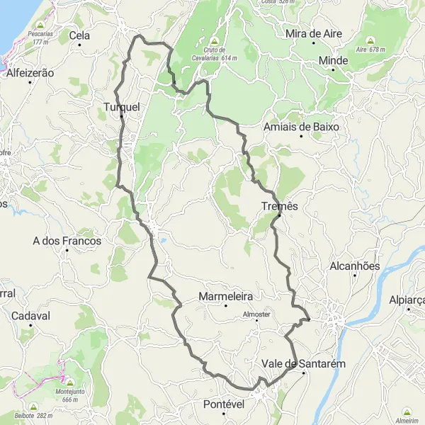 Miniatura do mapa de inspiração para ciclismo "Rota por Rio Maior e Benedita" em Alentejo, Portugal. Gerado pelo planejador de rotas de ciclismo Tarmacs.app
