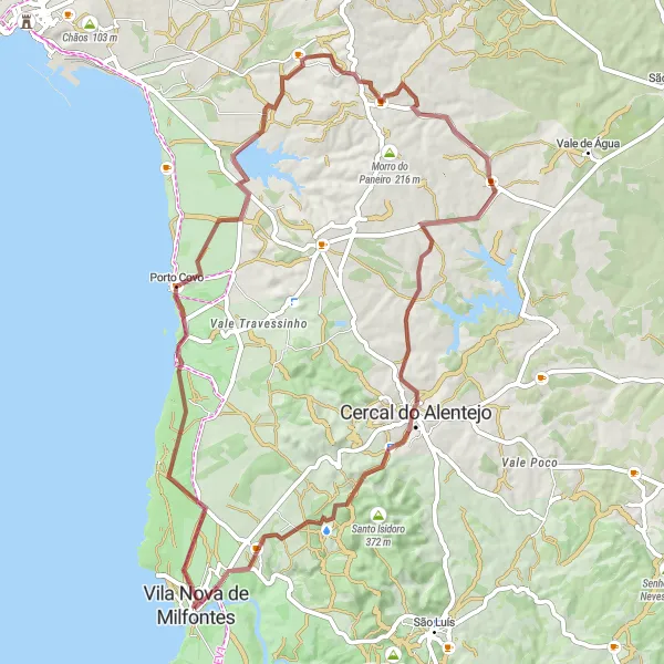 Map miniature of "The Porto Covo Gravel Adventure" cycling inspiration in Alentejo, Portugal. Generated by Tarmacs.app cycling route planner