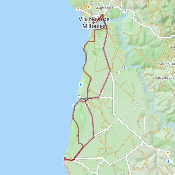 Map miniature of "Coastal Gravel Adventure" cycling inspiration in Alentejo, Portugal. Generated by Tarmacs.app cycling route planner