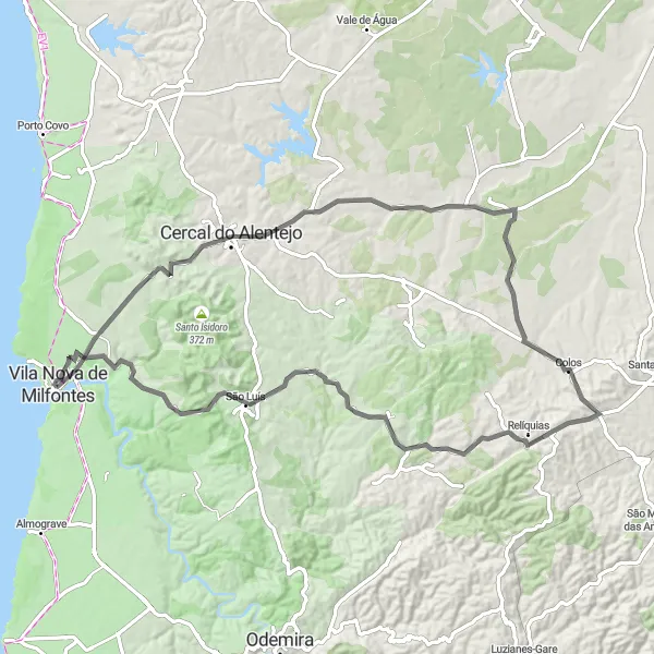 Map miniature of "Coster Coast Loop" cycling inspiration in Alentejo, Portugal. Generated by Tarmacs.app cycling route planner