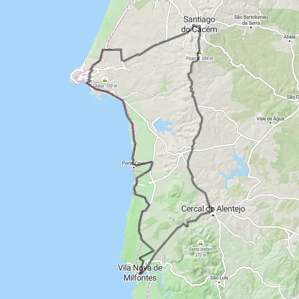 Map miniature of "Castles and Cliffs" cycling inspiration in Alentejo, Portugal. Generated by Tarmacs.app cycling route planner