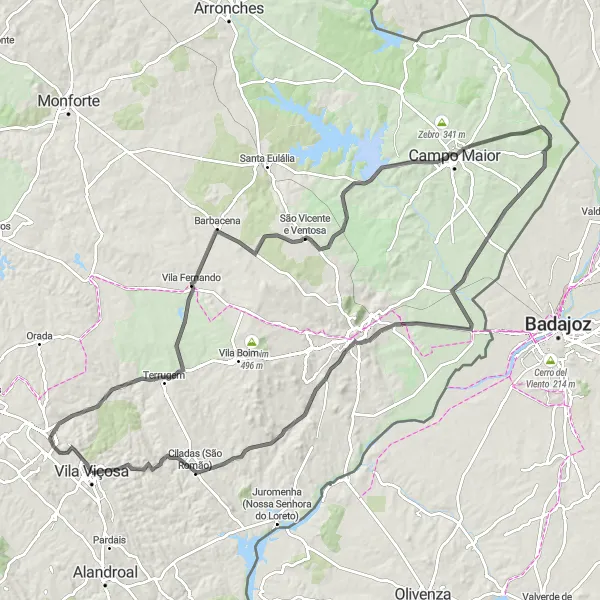 Miniatura do mapa de inspiração para ciclismo "Caminho das Fortalezas" em Alentejo, Portugal. Gerado pelo planejador de rotas de ciclismo Tarmacs.app