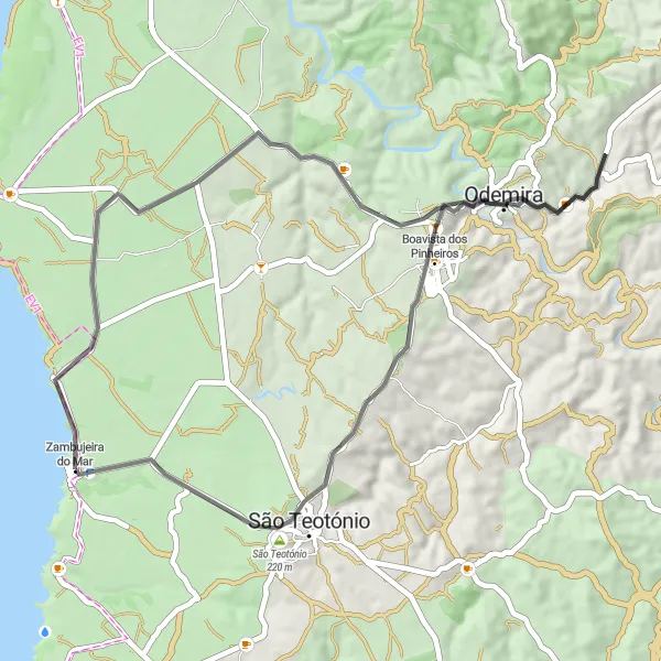 Miniatura do mapa de inspiração para ciclismo "Rota das Colinas de Odemira" em Alentejo, Portugal. Gerado pelo planejador de rotas de ciclismo Tarmacs.app