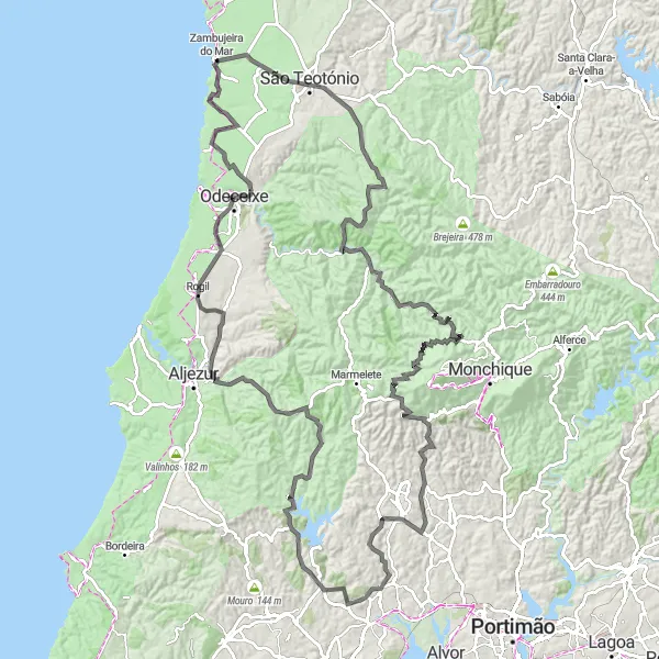 Miniatura do mapa de inspiração para ciclismo "Rota de Estrada Zambujeira do Mar - Zambujeira do Mar (Avançada)" em Alentejo, Portugal. Gerado pelo planejador de rotas de ciclismo Tarmacs.app