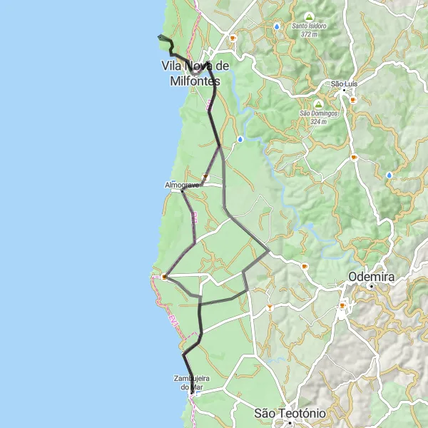 Miniatura do mapa de inspiração para ciclismo "Caminho pela Costa de Alentejo" em Alentejo, Portugal. Gerado pelo planejador de rotas de ciclismo Tarmacs.app