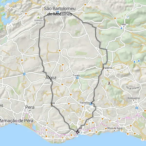 Miniatura do mapa de inspiração para ciclismo "Rota de Estrada Histórica Algarvia" em Algarve, Portugal. Gerado pelo planejador de rotas de ciclismo Tarmacs.app