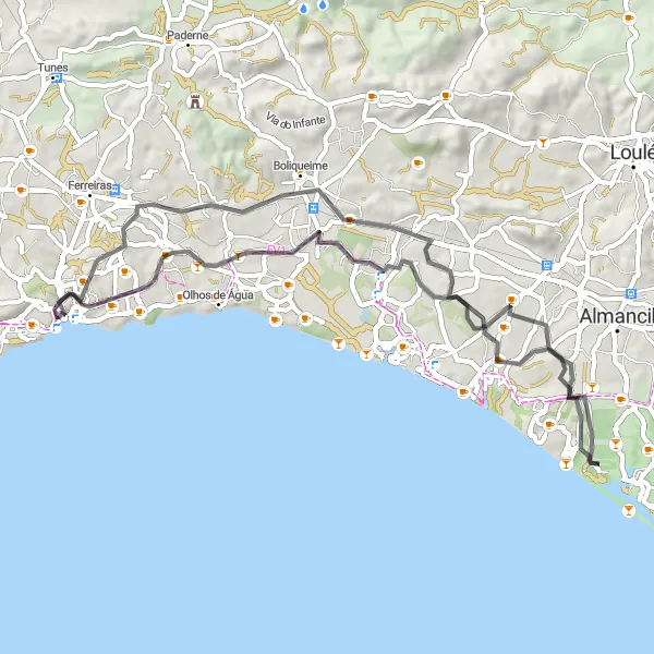 Miniatura do mapa de inspiração para ciclismo "Percurso de Estrada pela Cultura Algarvia" em Algarve, Portugal. Gerado pelo planejador de rotas de ciclismo Tarmacs.app