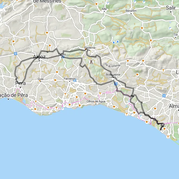 Miniatura do mapa de inspiração para ciclismo "Tour da Costa Algarvia" em Algarve, Portugal. Gerado pelo planejador de rotas de ciclismo Tarmacs.app