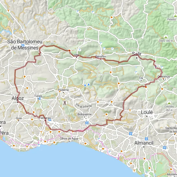 Miniatura do mapa de inspiração para ciclismo "Trilho de Algoz a Ferreiras" em Algarve, Portugal. Gerado pelo planejador de rotas de ciclismo Tarmacs.app