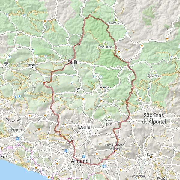 Miniatura do mapa de inspiração para ciclismo "Exploração Rural do Algarve" em Algarve, Portugal. Gerado pelo planejador de rotas de ciclismo Tarmacs.app