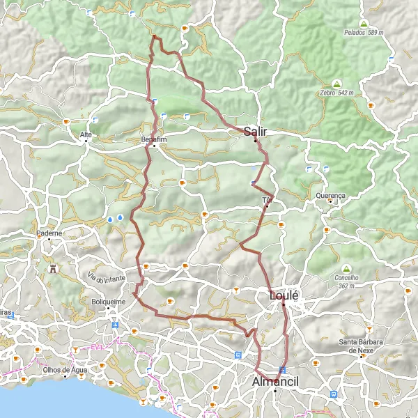 Map miniature of "Almancil - Cabeço de Câmara - Espargal - Loulé Loop" cycling inspiration in Algarve, Portugal. Generated by Tarmacs.app cycling route planner