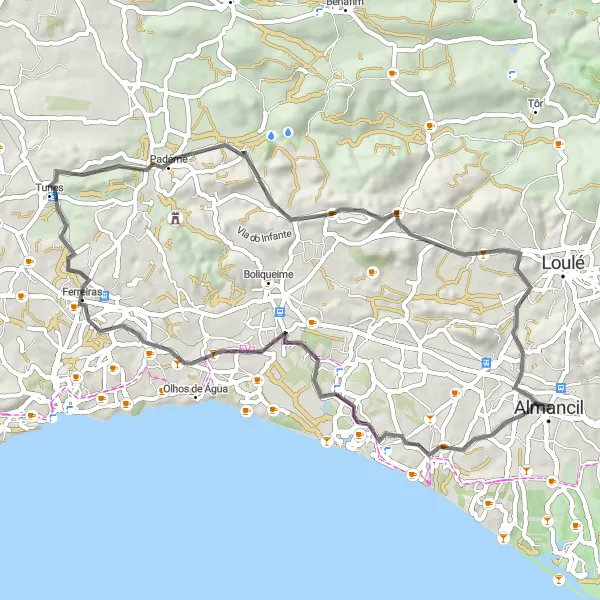 Miniatura do mapa de inspiração para ciclismo "Passeio Cultural pelo Algarve" em Algarve, Portugal. Gerado pelo planejador de rotas de ciclismo Tarmacs.app