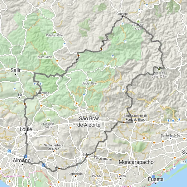 Miniatura do mapa de inspiração para ciclismo "Almancil - Cerro do Major" em Algarve, Portugal. Gerado pelo planejador de rotas de ciclismo Tarmacs.app