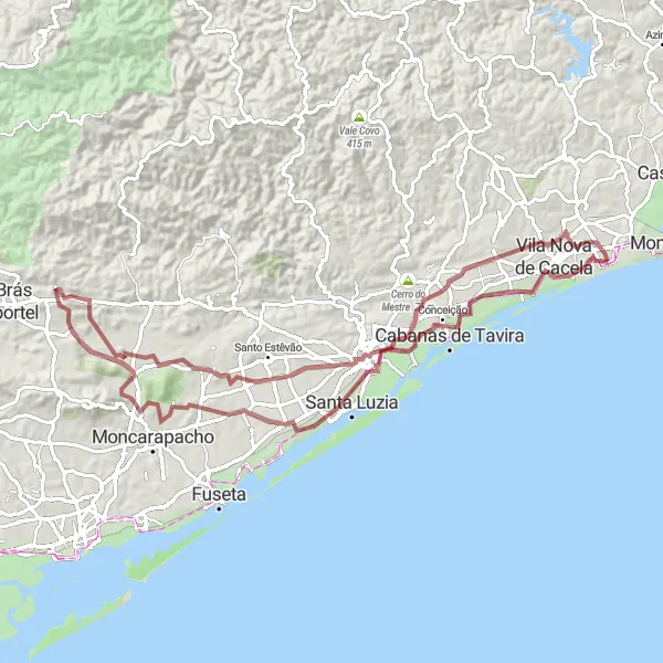 Map miniature of "Coastal Gravel Exploration" cycling inspiration in Algarve, Portugal. Generated by Tarmacs.app cycling route planner