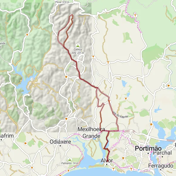 Map miniature of "Alvor Gravel Loop" cycling inspiration in Algarve, Portugal. Generated by Tarmacs.app cycling route planner