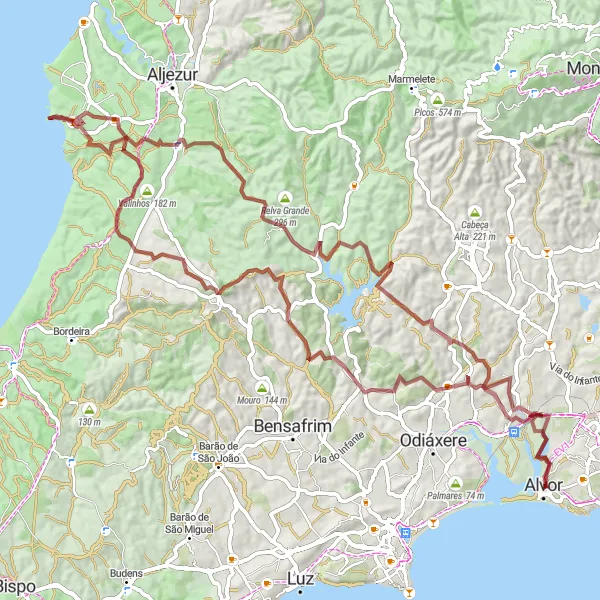 Miniatura do mapa de inspiração para ciclismo "Rota de ciclismo em gravilha de Alvor a Castelo de Alvor" em Algarve, Portugal. Gerado pelo planejador de rotas de ciclismo Tarmacs.app