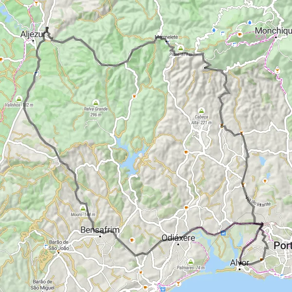 Miniatura do mapa de inspiração para ciclismo "Travessia cénica de Alvor a Castelo de Alvor" em Algarve, Portugal. Gerado pelo planejador de rotas de ciclismo Tarmacs.app