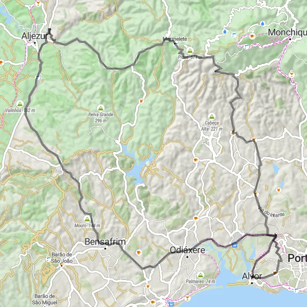 Map miniature of "Hill Climbs: Alvor to Marmelete" cycling inspiration in Algarve, Portugal. Generated by Tarmacs.app cycling route planner