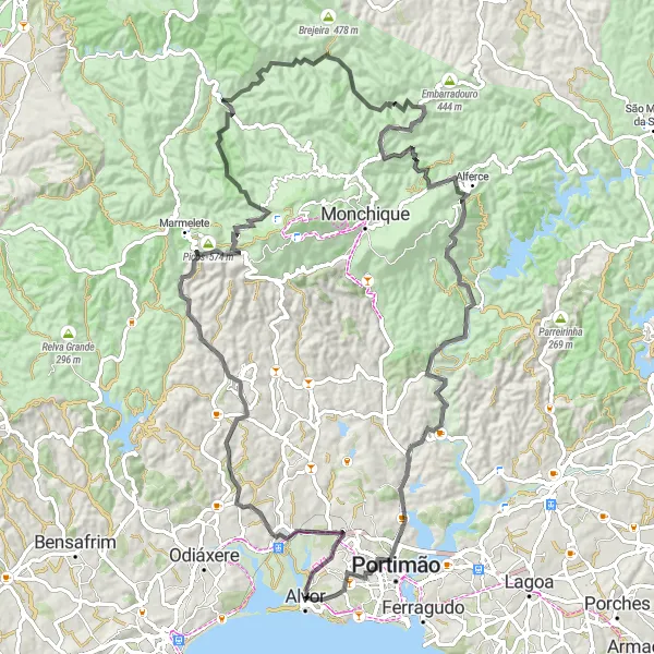 Miniatura do mapa de inspiração para ciclismo "Desafio de ciclismo de Alvor a Castelo de Alvor" em Algarve, Portugal. Gerado pelo planejador de rotas de ciclismo Tarmacs.app