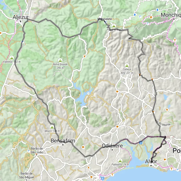 Map miniature of "Scenic Road Loop: Alvor to Aljezur" cycling inspiration in Algarve, Portugal. Generated by Tarmacs.app cycling route planner