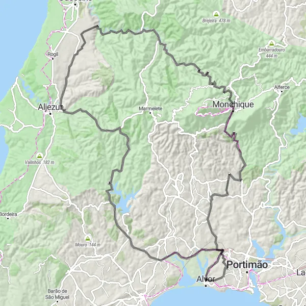 Map miniature of "Alvor Road Adventure" cycling inspiration in Algarve, Portugal. Generated by Tarmacs.app cycling route planner