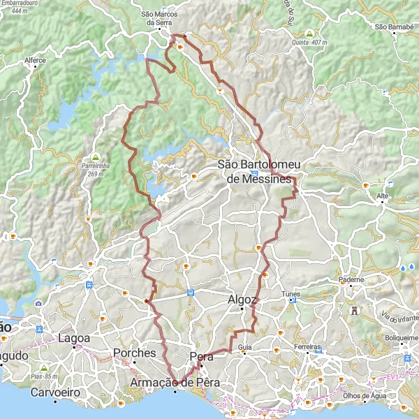 Miniatura do mapa de inspiração para ciclismo "Trilho de Ciclismo de Montanha Forte de Pedra da Galé" em Algarve, Portugal. Gerado pelo planejador de rotas de ciclismo Tarmacs.app