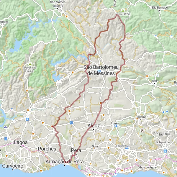 Miniatura do mapa de inspiração para ciclismo "Percurso pela Serra e Zimbreira" em Algarve, Portugal. Gerado pelo planejador de rotas de ciclismo Tarmacs.app