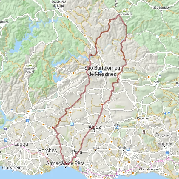 Map miniature of "The Gravel Challenge" cycling inspiration in Algarve, Portugal. Generated by Tarmacs.app cycling route planner