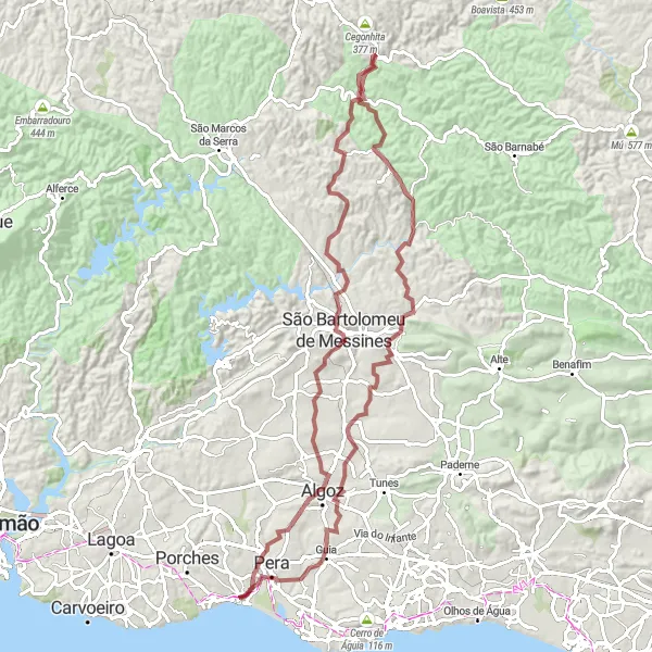 Miniatura do mapa de inspiração para ciclismo "Trilho do Jurássico e Serra de Messines" em Algarve, Portugal. Gerado pelo planejador de rotas de ciclismo Tarmacs.app