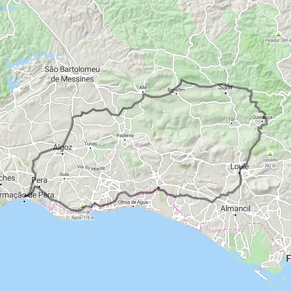 Miniatura do mapa de inspiração para ciclismo "Exploração do Interior Algarvio" em Algarve, Portugal. Gerado pelo planejador de rotas de ciclismo Tarmacs.app
