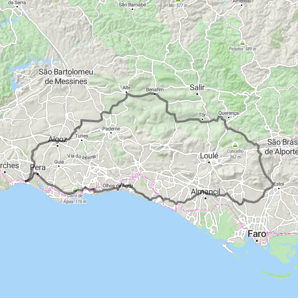 Miniatura do mapa de inspiração para ciclismo "Exploração da Serra de Querença" em Algarve, Portugal. Gerado pelo planejador de rotas de ciclismo Tarmacs.app