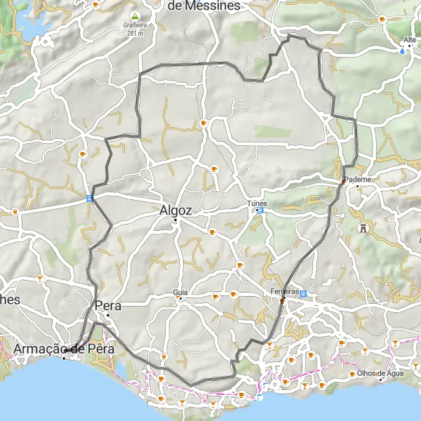 Miniatura do mapa de inspiração para ciclismo "Rota de Ciclismo de Estrada até Paderne" em Algarve, Portugal. Gerado pelo planejador de rotas de ciclismo Tarmacs.app