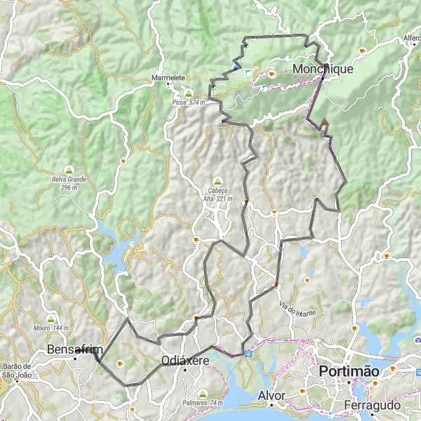 Miniatura do mapa de inspiração para ciclismo "Rota das Serras Algarvias" em Algarve, Portugal. Gerado pelo planejador de rotas de ciclismo Tarmacs.app