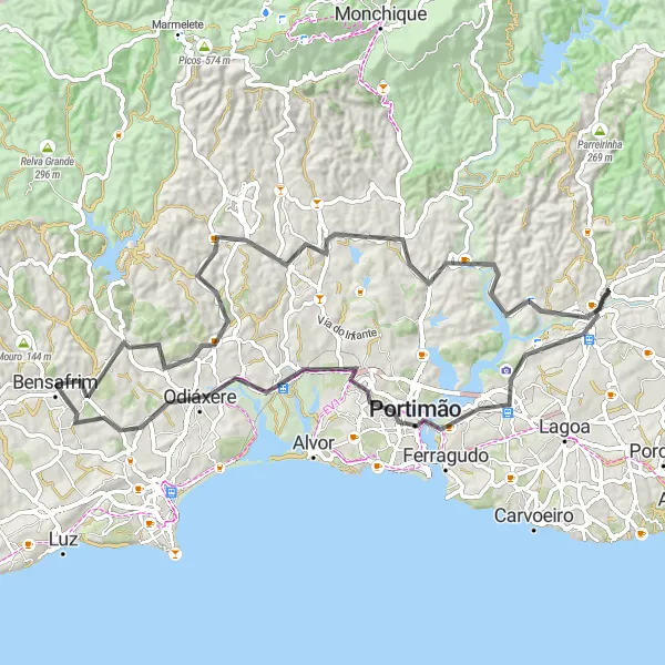 Miniatura do mapa de inspiração para ciclismo "Rota do Sol" em Algarve, Portugal. Gerado pelo planejador de rotas de ciclismo Tarmacs.app