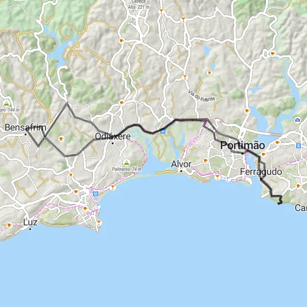 Miniatura do mapa de inspiração para ciclismo "Exploração Costeira" em Algarve, Portugal. Gerado pelo planejador de rotas de ciclismo Tarmacs.app
